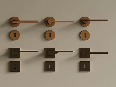 Various Modern Metal Door Handles Featuring Round and Square Shapes in Brass and Black 3d model