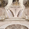 Elegant Luxurious Banquet Hall Interior With Crystal Chandeliers Golden Chairs And Shiny Marble Floor