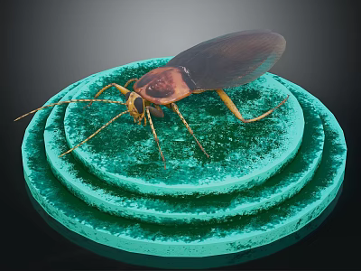 Cockroach with brown body and long antennae on green multi layered circular platform 3d model