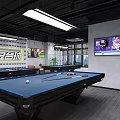 Modern Billiard Room Interior With Blue Tables Lighting Wall Posters And Seating 3d model