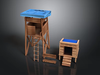 Scenic View Of Wooden Watchtower With Ladder And Small Cabin With Blue Roof 3d model