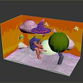 Colorful 3D Diorama Scene With Witch On Broomstick Green Tree Clouds And Stars