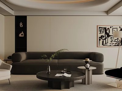 Modern Living Room Interior With Dark Gray Sofa Round Black Coffee Table And Abstract Painting 3d model