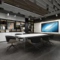Modern Conference Room Interior With Round Meeting Table Chairs Large Screen Bookshelves And Glass Partitions