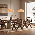 Modern Wooden Dining Table Set With Chairs Pendant Lights And Decorative Art