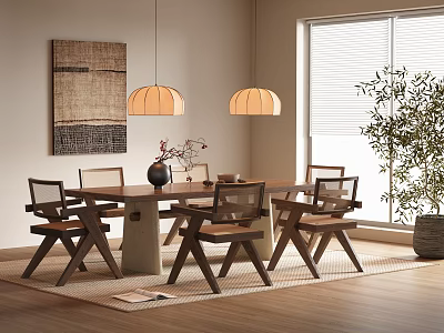 Modern Wooden Dining Table Set With Chairs Pendant Lights And Decorative Art 3d model