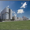 Modern High Rise Office Building Exterior with Green Grassland and People Relaxing Under Blue Sky