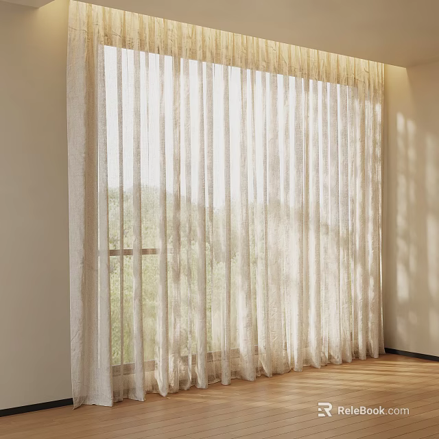 Sheer White Curtains Filtering Soft Light in Room With Natural View and Wooden Floor 3d model 