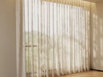 Sheer White Curtains Filtering Soft Light in Room With Natural View and Wooden Floor 3d model