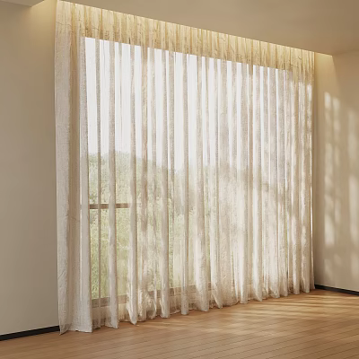 Sheer White Curtains Filtering Soft Light in Room With Natural View and Wooden Floor 3d model