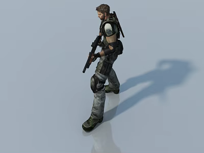 Game Character In Military Tactical Uniform With Rifle And Backpack 3d model