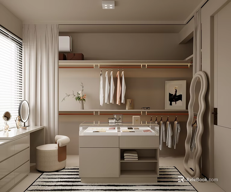 Modern Walk In Closet Interior With Dressing Table Mirror And Decor 3d model 