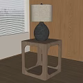 Modern Geometric Wooden Side Table With Linen Shade Lamp And Oak Cabinet