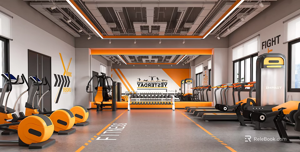 Modern Fitness Gym Interior With Orange Gray Color Scheme Equipment And Floor Fitness Lettering 3d model 