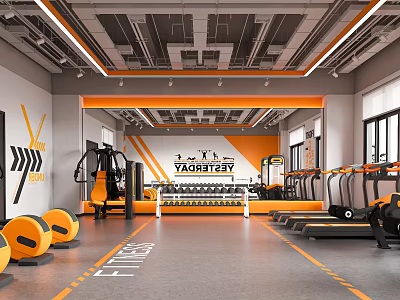 Modern Fitness Gym Interior With Orange Gray Color Scheme Equipment And Floor Fitness Lettering 3d model
