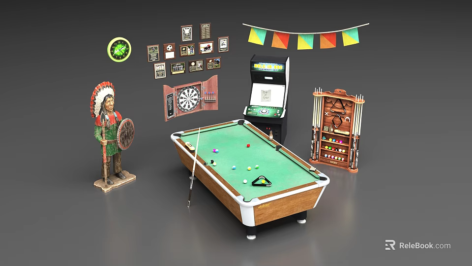 Recreation Equipment with Billiard Table Dartboard Arcade Machine and Colorful Bunting 3d model 
