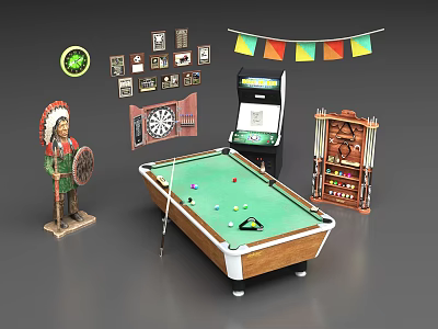 Recreation Equipment with Billiard Table Dartboard Arcade Machine and Colorful Bunting 3d model