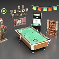 Recreation Equipment with Billiard Table Dartboard Arcade Machine and Colorful Bunting