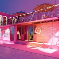 Pink Container Building With Large Wonderland Screen And People In Evening Plaza