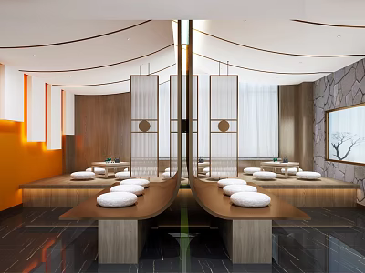 Modern Lounge Room With Warm Walls Wooden Screens And White Cushions 3d model