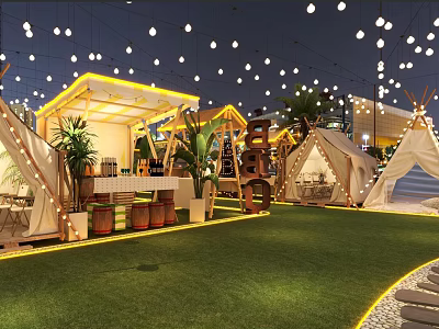 Vibrant Nighttime Commercial Street With String Lights Tents Green Grass Potted Plants And Wooden Barrels 3d model