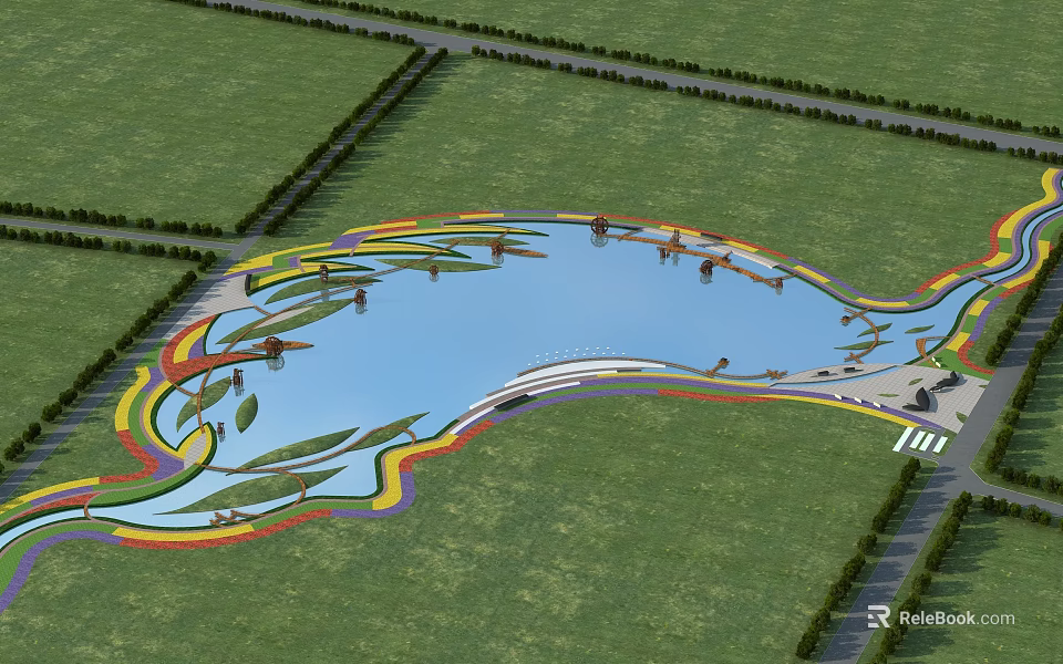 Scenic Landscape With Blue Lake Winding Colorful Pathways And Green Grassland 3d model 