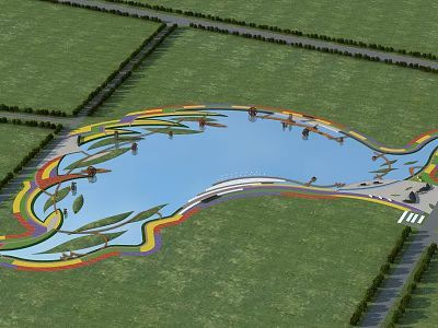 Scenic Landscape With Blue Lake Winding Colorful Pathways And Green Grassland 3d model