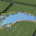 Scenic Landscape With Blue Lake Winding Colorful Pathways And Green Grassland