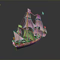 Vintage Sailing Ship With Multiple White Sails Colorful Flags Wooden Hull And Calm Water Reflection