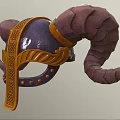 Ornate Purple And Golden Helmet With Ram Horns Intricate Braided Patterns And Studs