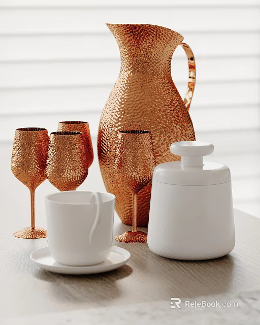 Elegant Decorative Ornament Set With Hammered Copper Pitcher Wine Glasses White Cup And Jar 3d model 
