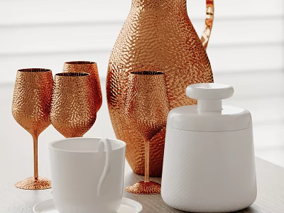 Elegant Decorative Ornament Set With Hammered Copper Pitcher Wine Glasses White Cup And Jar 3d model