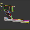 Modern Architectural Model With Wooden Staircase Elevated Platform Glass Railings And Support Structure