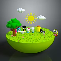 Cartoon Characters Playing On Green Grassy Bowl With Sun Clouds And Tree 3d model