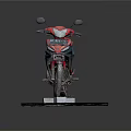 Red And Black Motorcycle Displayed On Platform With Small Tags