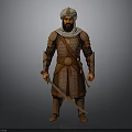 Man In Ancient Warrior Traditional Armor With Turban And Sword Standing