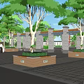 Park Landscape with Red Lanterns on Lamp Posts White Archway Trees and Paved Square 3d model