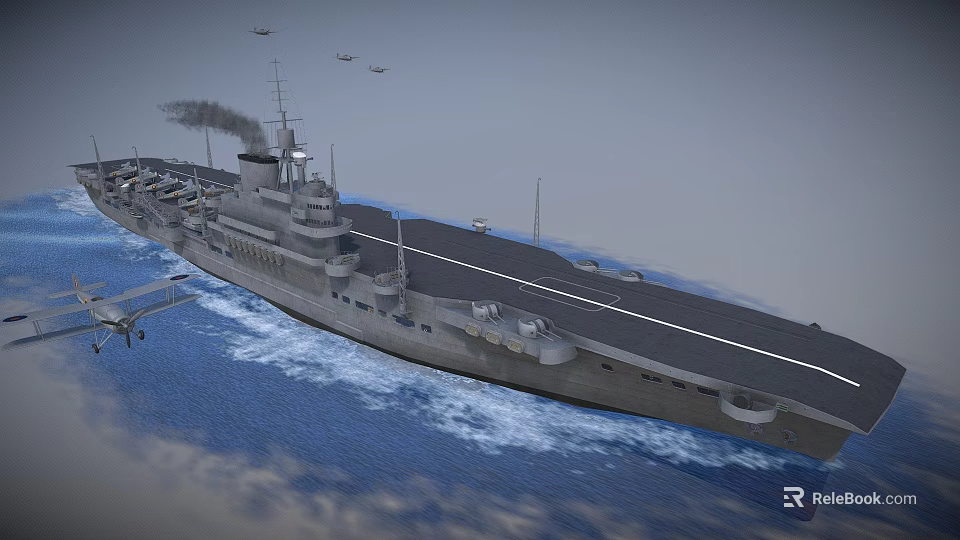 Military Aircraft Carrier With Flight Deck And Airplanes Flying Over Sea 3d model 