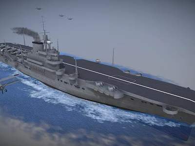 Military Aircraft Carrier With Flight Deck And Airplanes Flying Over Sea 3d model