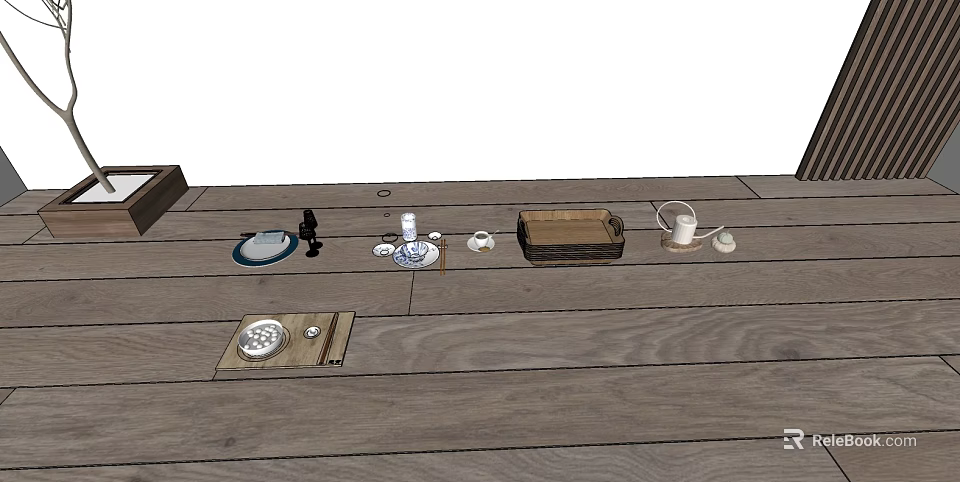 Elegant Tableware Set with Plates Cups and Wooden Box on Rustic Wooden Surface 3d model