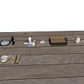Elegant Tableware Set with Plates Cups and Wooden Box on Rustic Wooden Surface 3d model