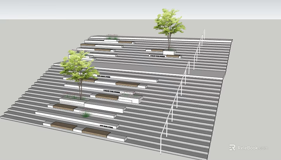 Terraced Stairs Design With Green Trees And White Railings For Outdoor Space 3d model 