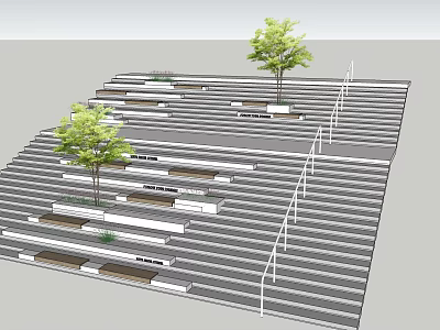 Terraced Stairs Design With Green Trees And White Railings For Outdoor Space 3d model