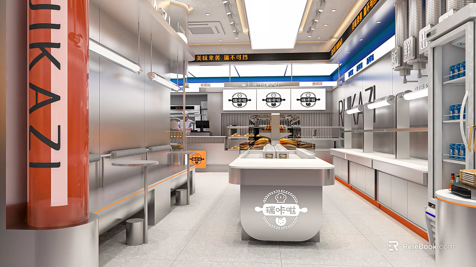 Modern Dessert Shop Interior Design With Glass Display Counter Wooden Tables And Soft Lighting 3d model 