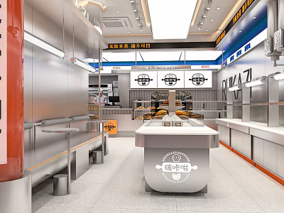 Modern Dessert Shop Interior Design With Glass Display Counter Wooden Tables And Soft Lighting 3d model