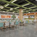 Modern Cafeteria Interior With Waste Sorting Area And Bright Lighting Tables Chairs 3d model