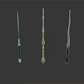 Magical Wizard Weapons Three Different Wands With Carved Handles And Decorative Designs