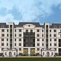 European Style Multi Story Apartment Building With Gray Roof Dark Balconies And White Exterior