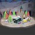 Cartoon Winter Scene With Snow Covered Cottage Pointed Roof Pine Trees And Snowy Ground