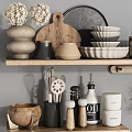 Stylish Kitchen Shelves Showcasing Essential Kitchenware With Dishes Jars Kettle Blender And Potted Plant